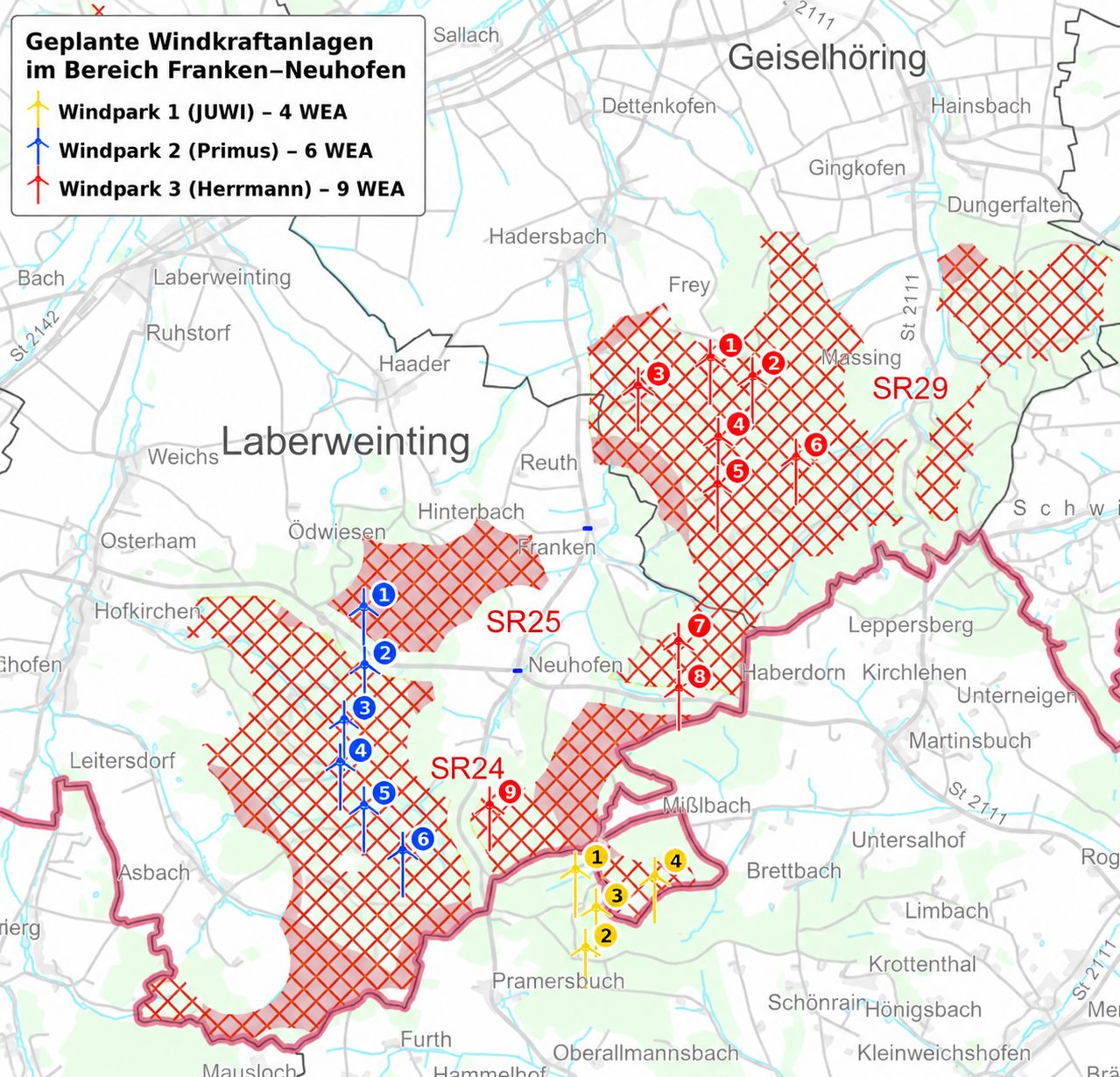 Karte: Geplante Windvorrangflächen und WEA-Standorte im Bereich Franken-Neuhofen — zur interaktiven Karte